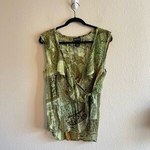 Y2K Baranda Green Paisley Sheer Ruffle Wrap Blouse Sleeveless Womens Size Large